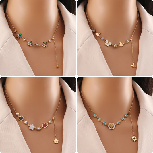 Fashionable Floral Pearl Butterfly Necklace in Stainless Steel with Rhinestone Accents and Plated Finish for Women