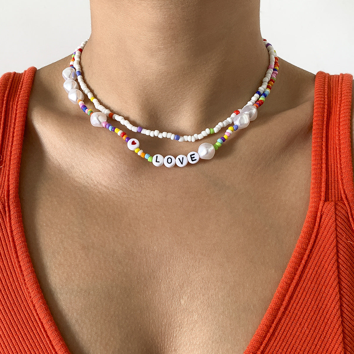 Vintage Bohemian Ethnic Acrylic Letter Imitation Pearl Ball Chain Necklace for Women