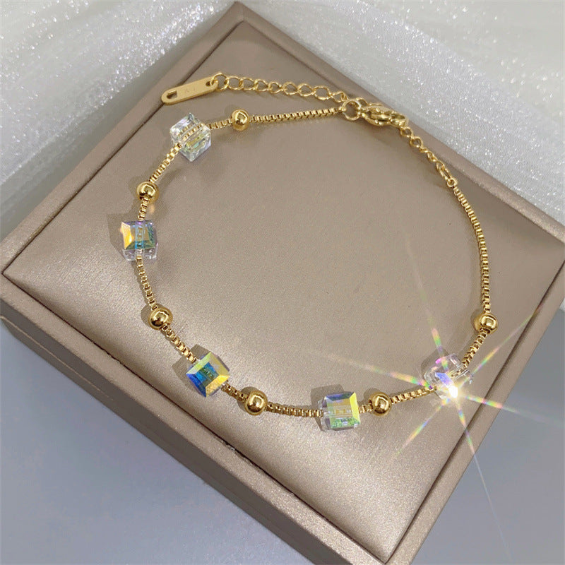 Charm Bracelet for Women with Geometric Square Design in Titanium Steel with Gold Plating and Color-Changing Crystal Accents