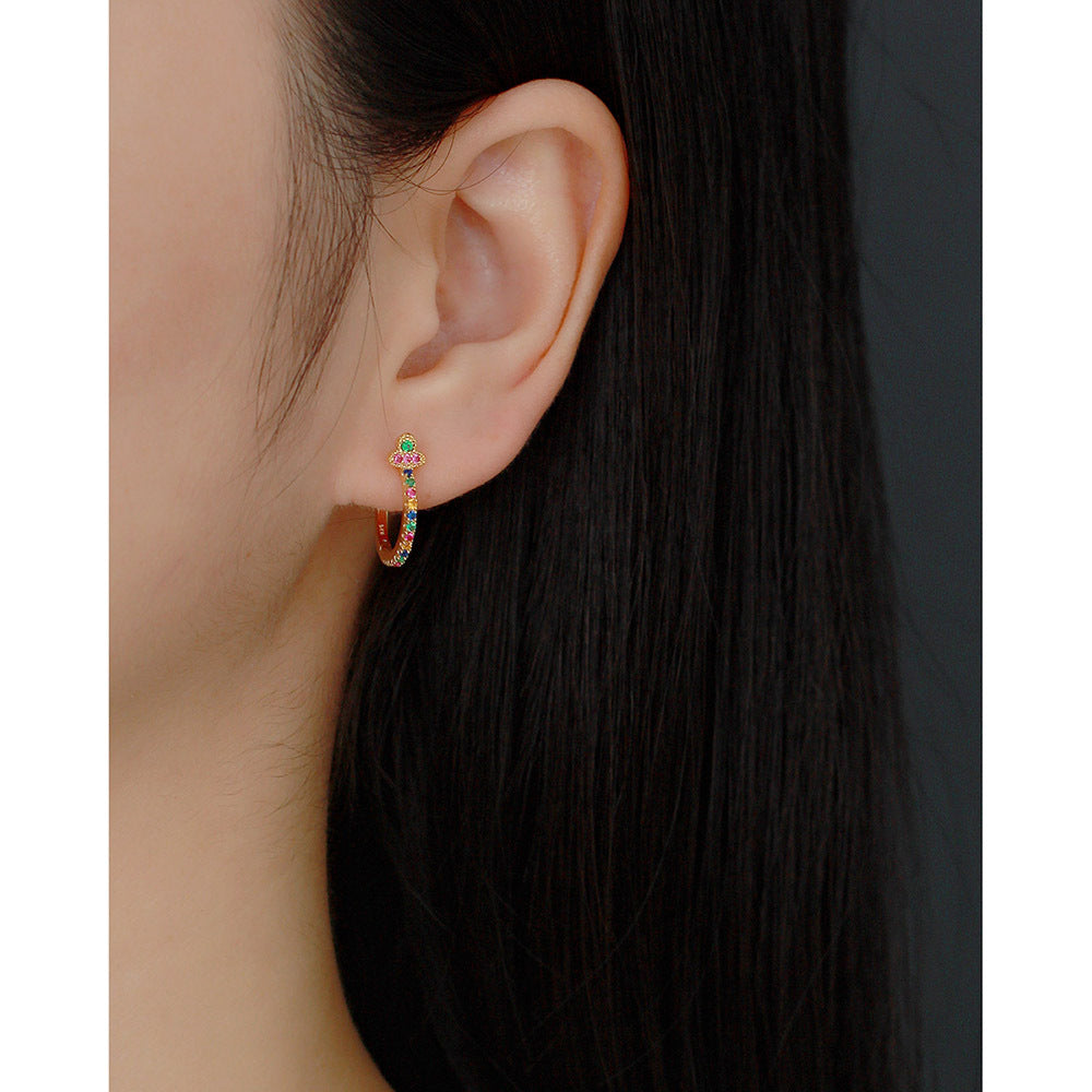 Minimalist 925 Sterling Silver Leaf Round Geometric Inlaid Cubic Zirconia Hoop Earrings