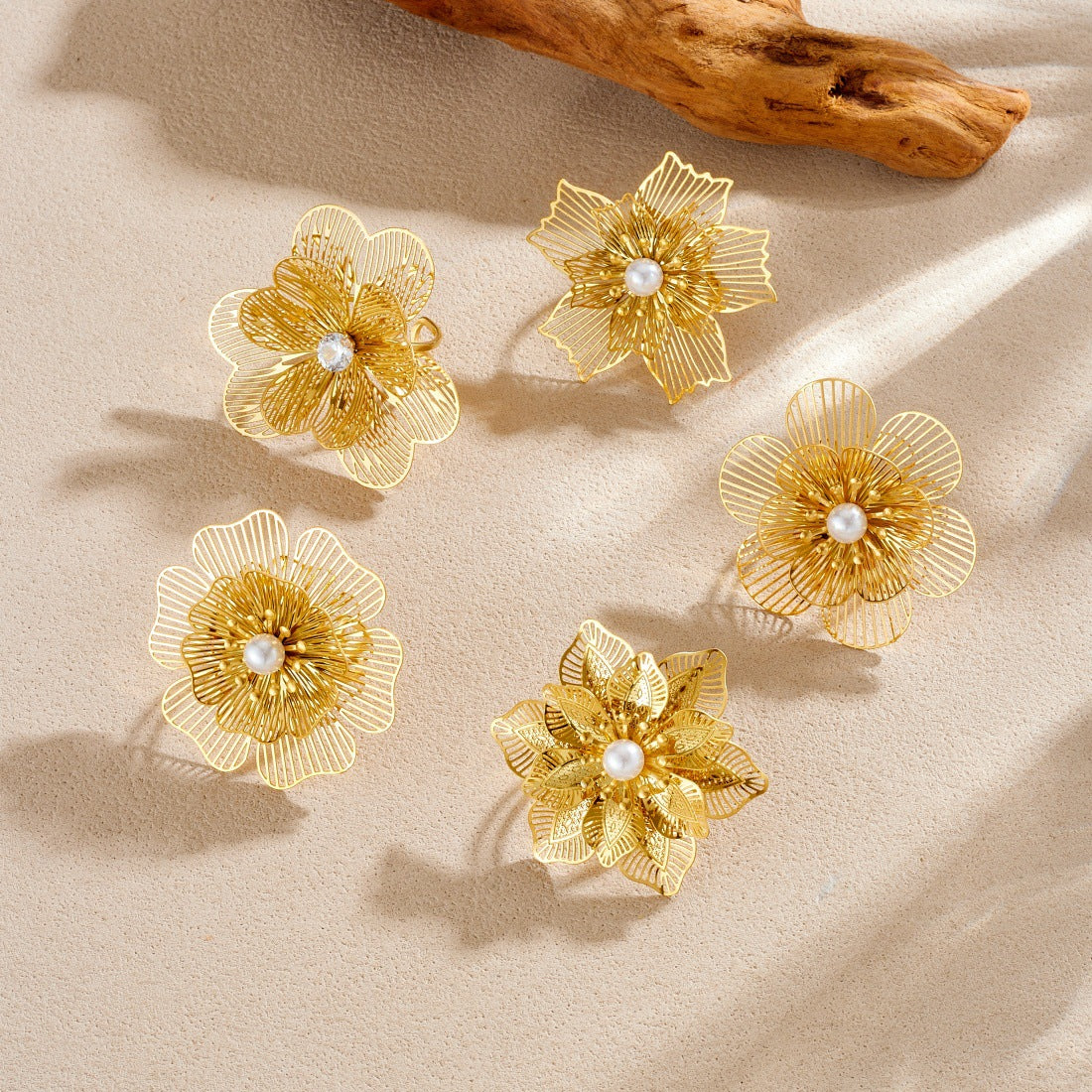 Gold Plated Stainless Steel Hollow Layered Flower Butterfly Ring for Women