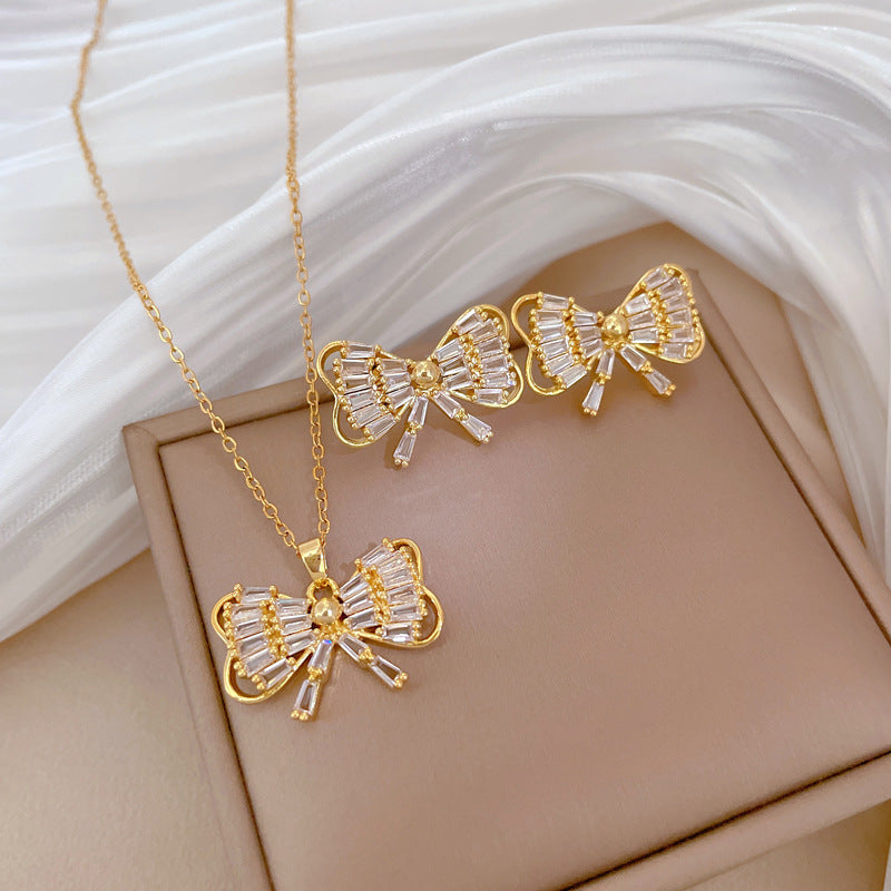 Luxury Fresh and Sweet Plated Brass Zircon Micro-Pave Earrings and Necklace Set