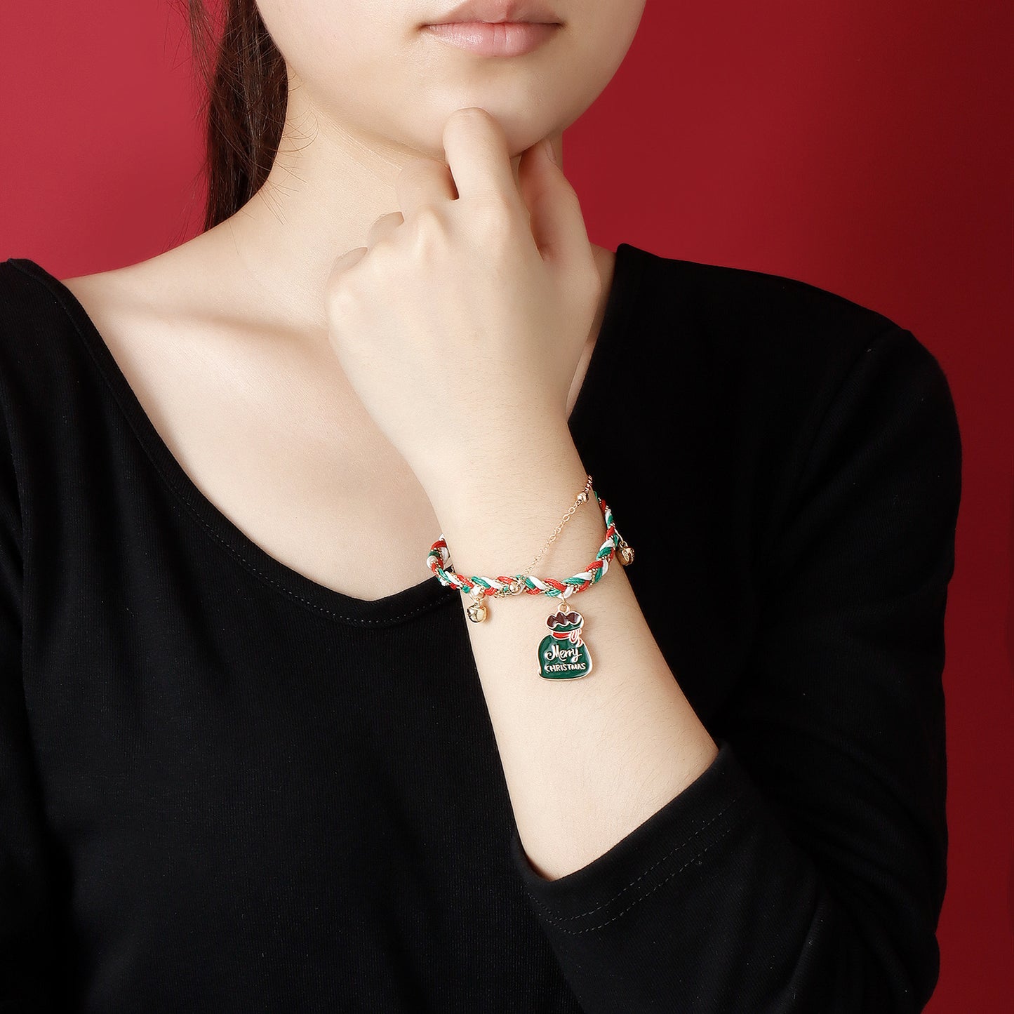 Handmade Christmas Bracelet with Santa Hat Charm, Colorful Two-Tone Braided Cord, Geometric and Cartoon Design, Electroplated Finish