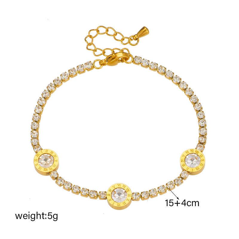 Elegante Pulsera Minimalista de Lujo con Diamantes de Imitación Redondos y Dijes Romanos de Acero Inoxidable para Mujer