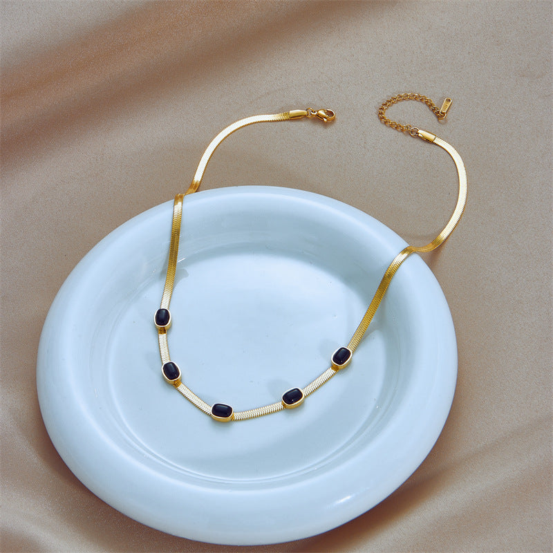 Vintage Minimalist Geometric Titanium Steel Snake Chain Necklace with Black Rhinestones for Women