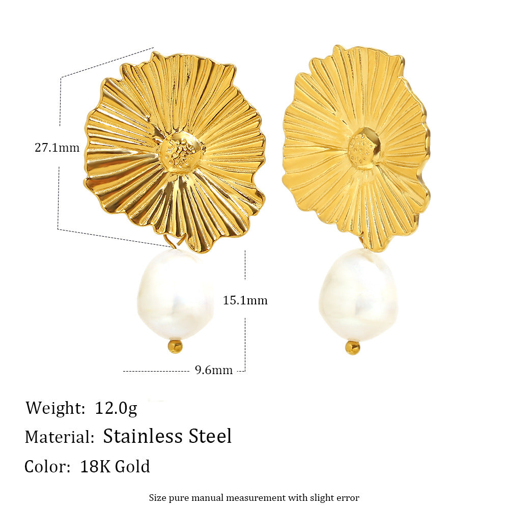 Fashionable Geometric Stainless Steel Plated 18K Gold Zircon Flower Pearl Clip-On Earrings for Women