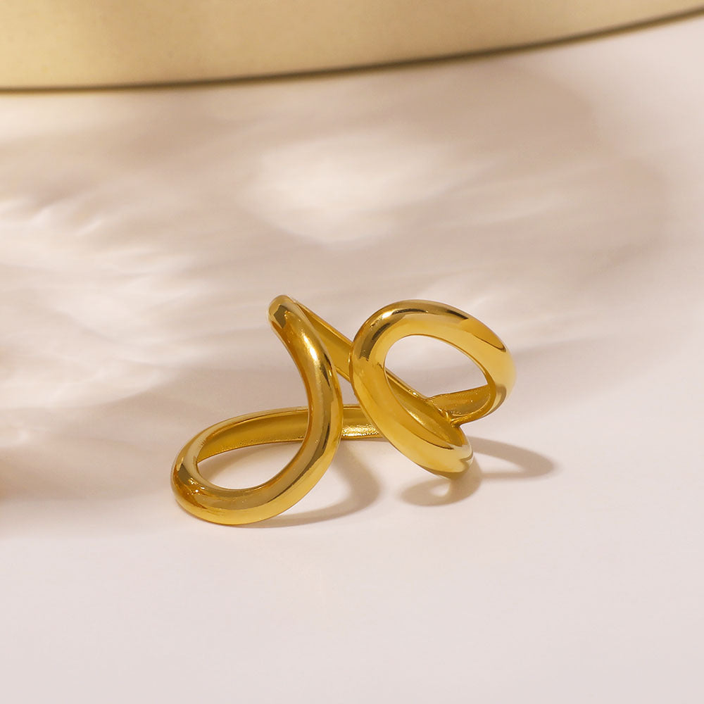 Minimalist Stainless Steel Ring with 18K Gold Plating, Asymmetrical Double Teardrop Shape, Geometric Design Hand Jewelry