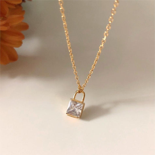 Minimalist Geometric Square Zircon Lock Pendant Necklace in 925 Sterling Silver with Plated Finish on Snake Chain