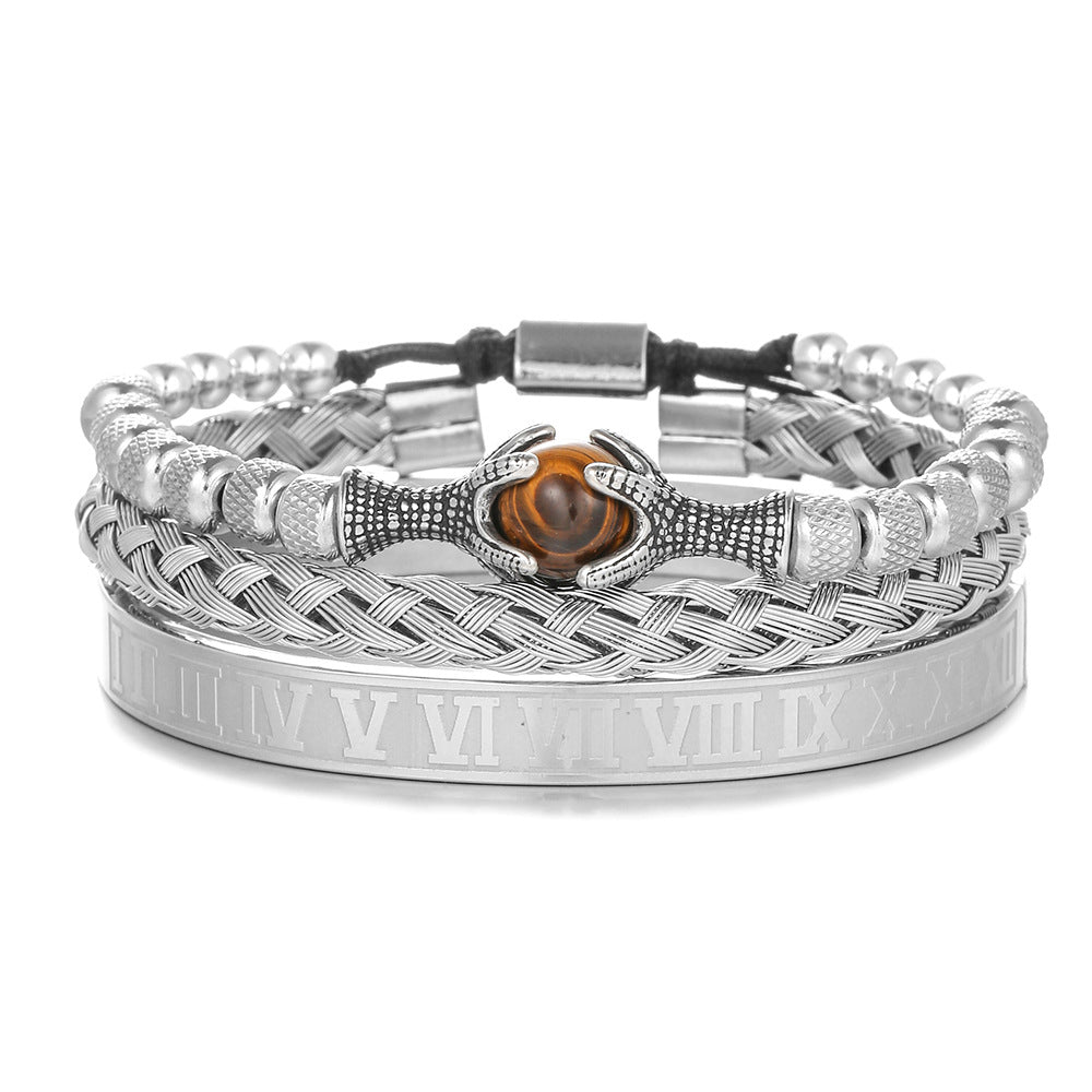 Personalized 10mm Tiger's Eye Titanium Steel Rope Chain Bracelet Set with Dragon Claw Beads
