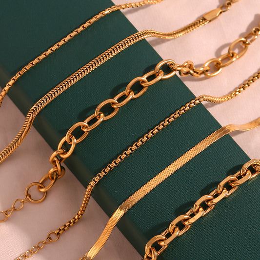 Pulsera minimalista de acero de titanio geométrico para mujer con cadena de caja chapada en oro de 18K y diseño de línea elegante