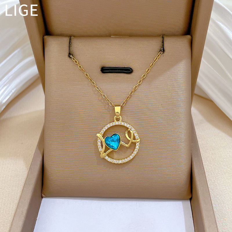 Minimalist Round Heart Love Pendant Necklace for Women Stainless Steel Snake Chain with Rhinestone Accents