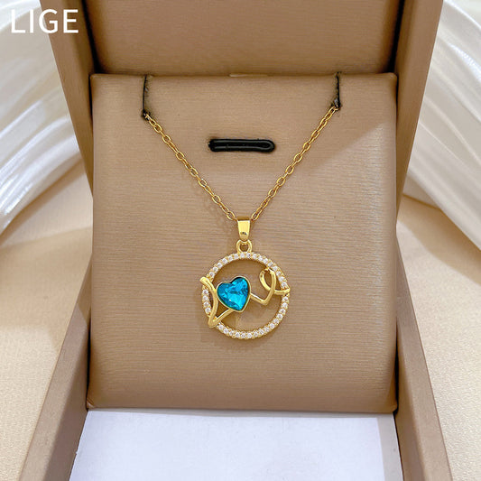 Minimalist Round Heart Love Pendant Necklace for Women Stainless Steel Snake Chain with Rhinestone Accents