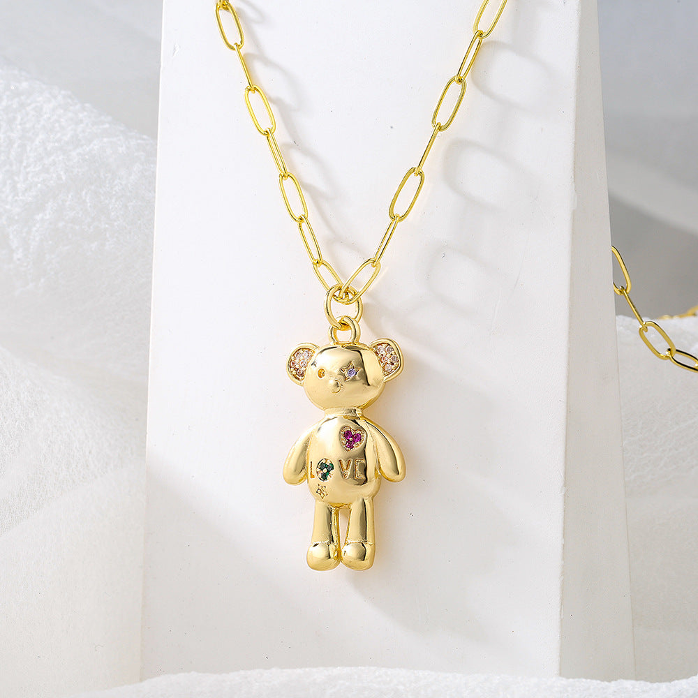 Cute Style Geometric LOVE Bear Pendant Necklace for Women with Copper Base Plated in 18K Gold and Micro-Paved Zirconia