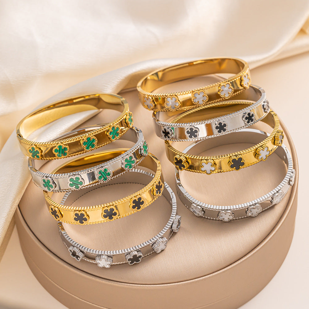 Pulsera de trébol de acero inoxidable de moda para mujer con incrustaciones de nácar, acabado galvanizado hipoalergénico, diseño ovalado geométrico