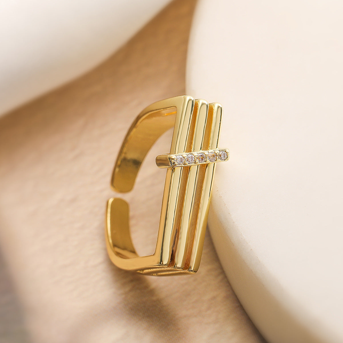 Minimalist Geometric Open Ring for Women Made of Brass with 18K Gold Plating and Cubic Zirconia Inlay