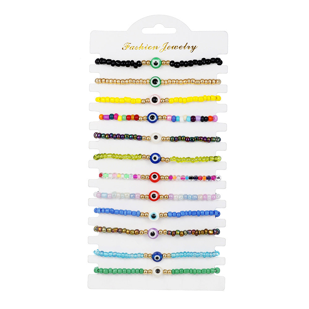 Handmade Woven Geometric Evil Eye Crystal Glass Beaded Bracelet Set