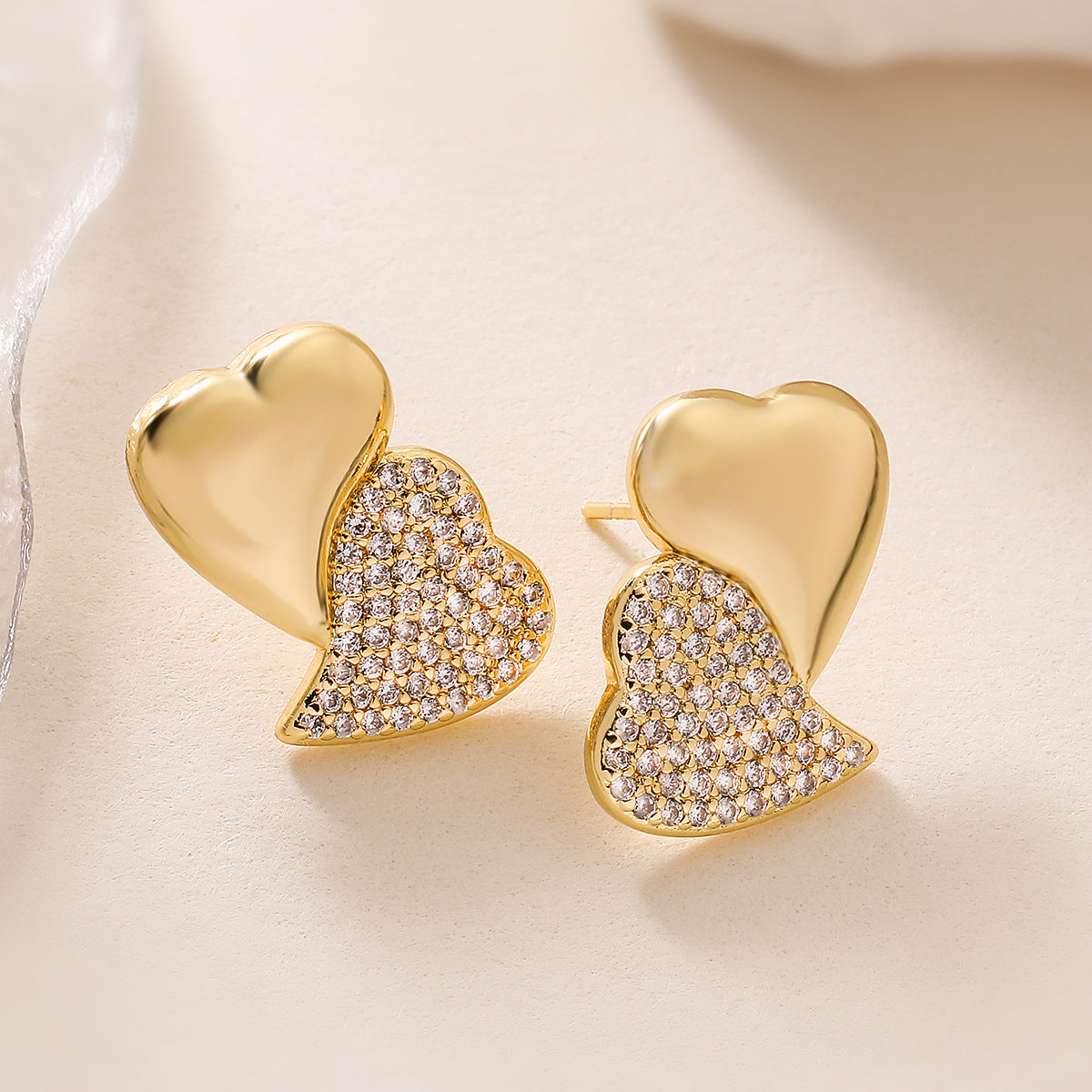 Minimalist Heart-Shaped Copper Earrings with 18K Gold Plating and Zircon Accents for Women