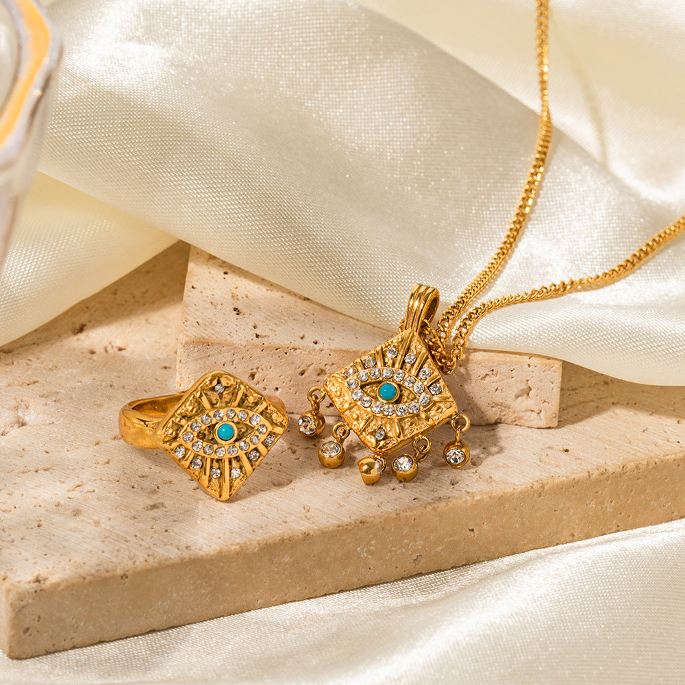 INS Style Geometric Evil Eye Square Pendant Ring in Stainless Steel with 18K Gold Plating and Zircon Inlay
