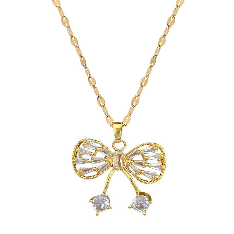 Luxury Titanium Steel Micro-Pave Butterfly Necklace and Earrings Set for Women Elegant Party Jewelry