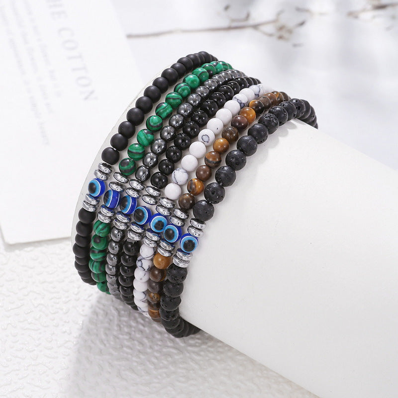 4mm Evil Eye Beaded Bracelet with Tiger Eye and Turquoise Unisex Geometric Jewelry