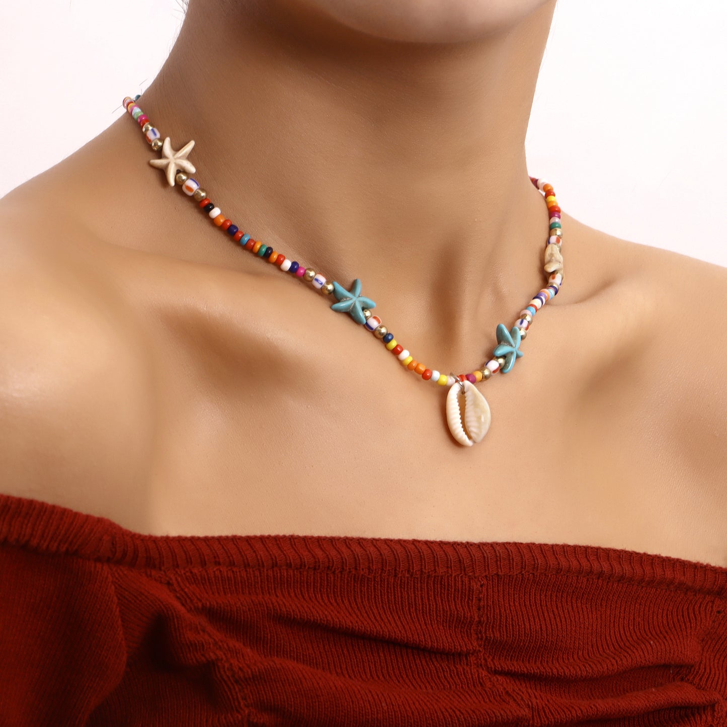 Bohemian Starfish and Seashell Pendant Necklace for Women in Alloy with Plated Finish Geometric Ocean-Inspired Design