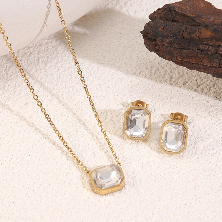 Elegant Geometric Stainless Steel Necklace and Earring Set with Cubic Zirconia Inlay