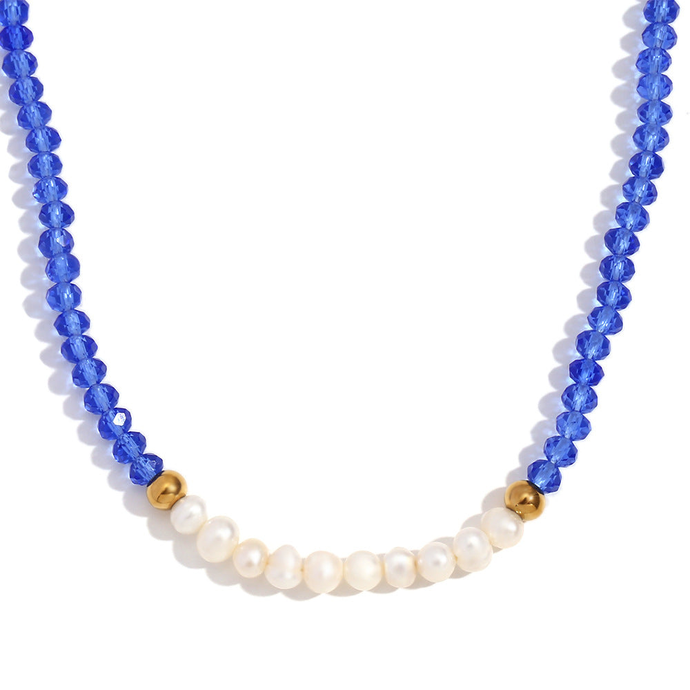 Vintage Style Geometric Pendant Necklace for Women with Stainless Steel Chain, Titanium Steel Pendant, Plated Finish, Freshwater Pearl and Blue Faceted Crystal Accents