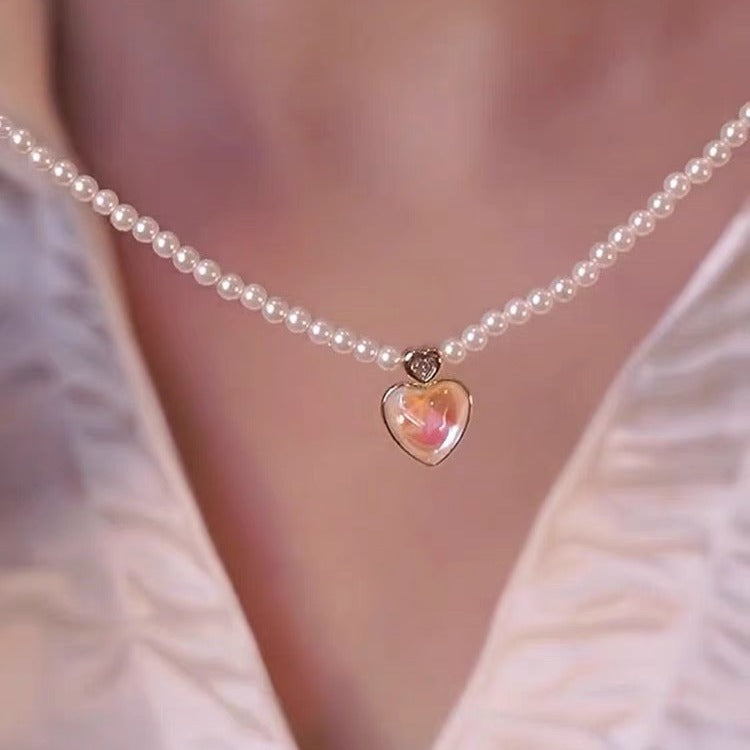 Sweet Ethereal Gradient Heart Pendant Necklace in Titanium Steel with Plated Finish and Pearl Chain