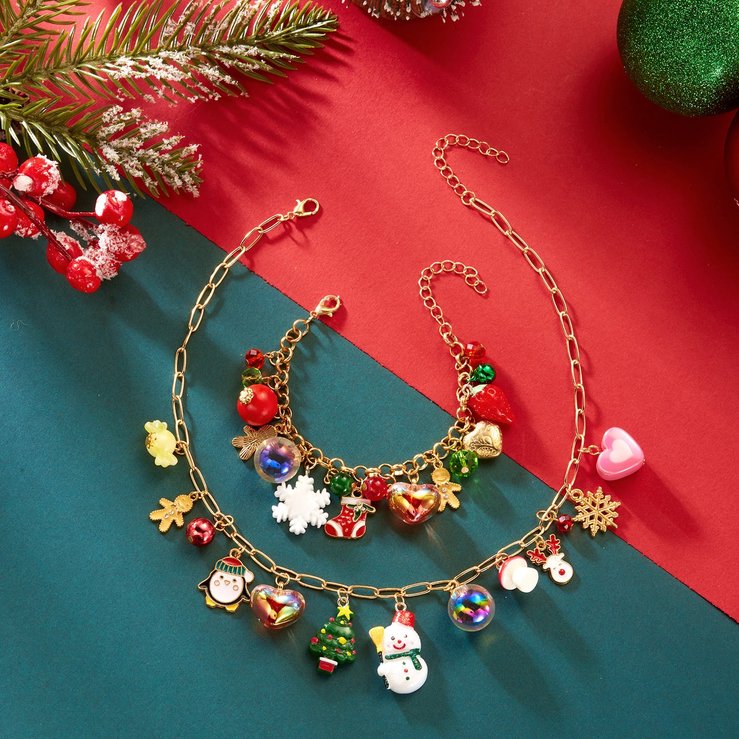 Set Collana e Bracciale da Donna Albero di Natale Fiocco di Neve Renna Campana Ciondolo Moda, Lega Placcata con Strass