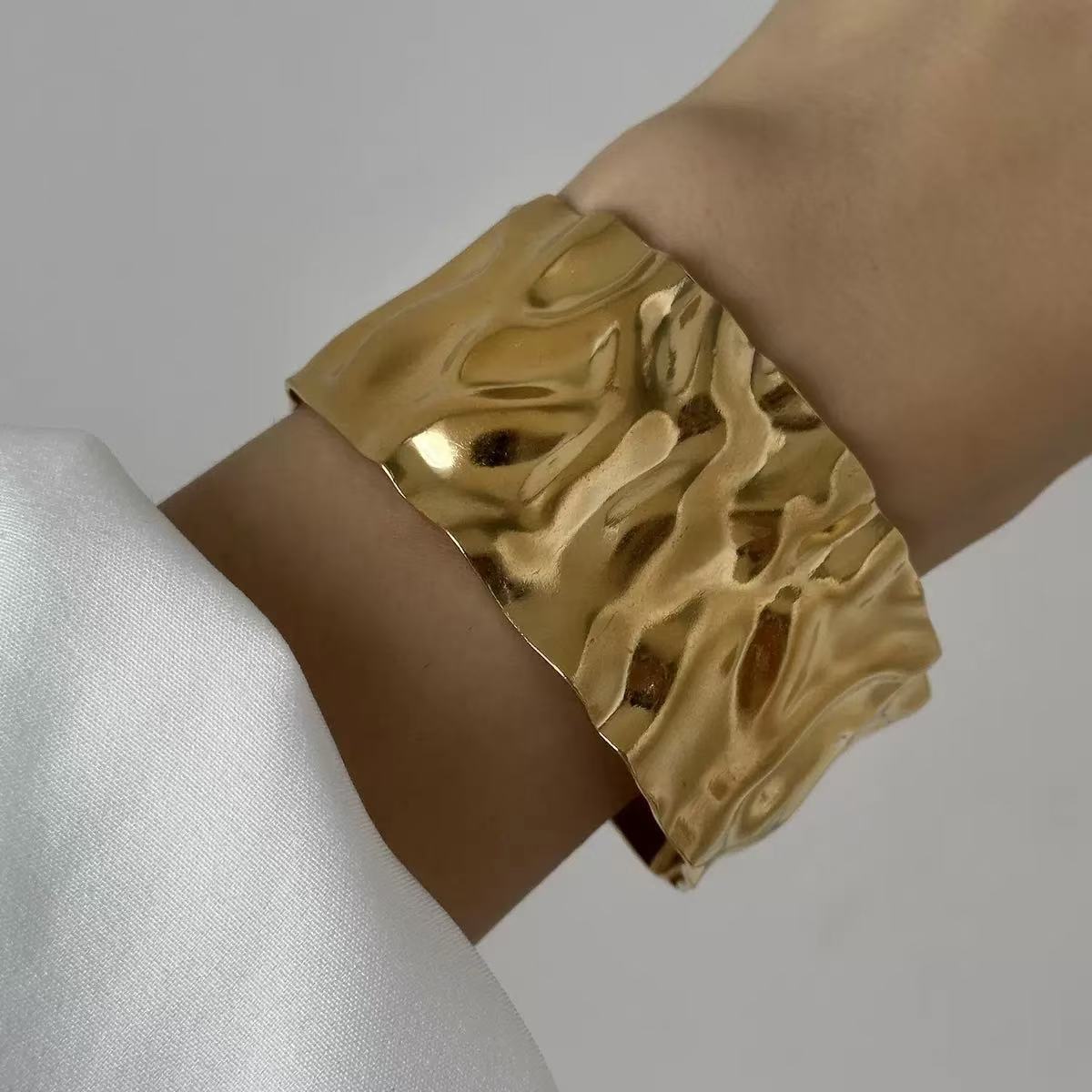 Fashion Geometric Textured Wave Pattern Plated Stainless Steel Wide Open Cuff Bracelet for Women