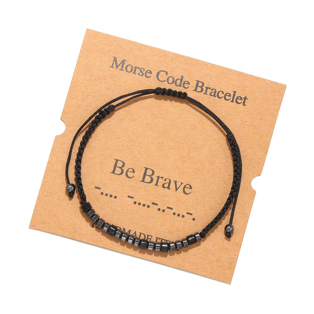 Geometric Morse Code Wood Bead Bracelet Unisex Handmade Braided Card