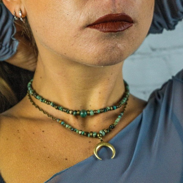 Vintage Moon Geometric Alloy Turquoise Beaded Cable Chain Necklace