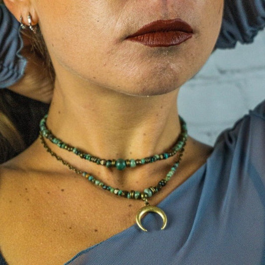 Vintage Moon Geometric Alloy Turquoise Beaded Cable Chain Necklace