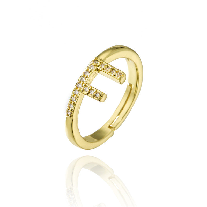 Fashion 18K Gold Plated Brass Micro-inlay Letter Ring Adjustable Open Band for Women