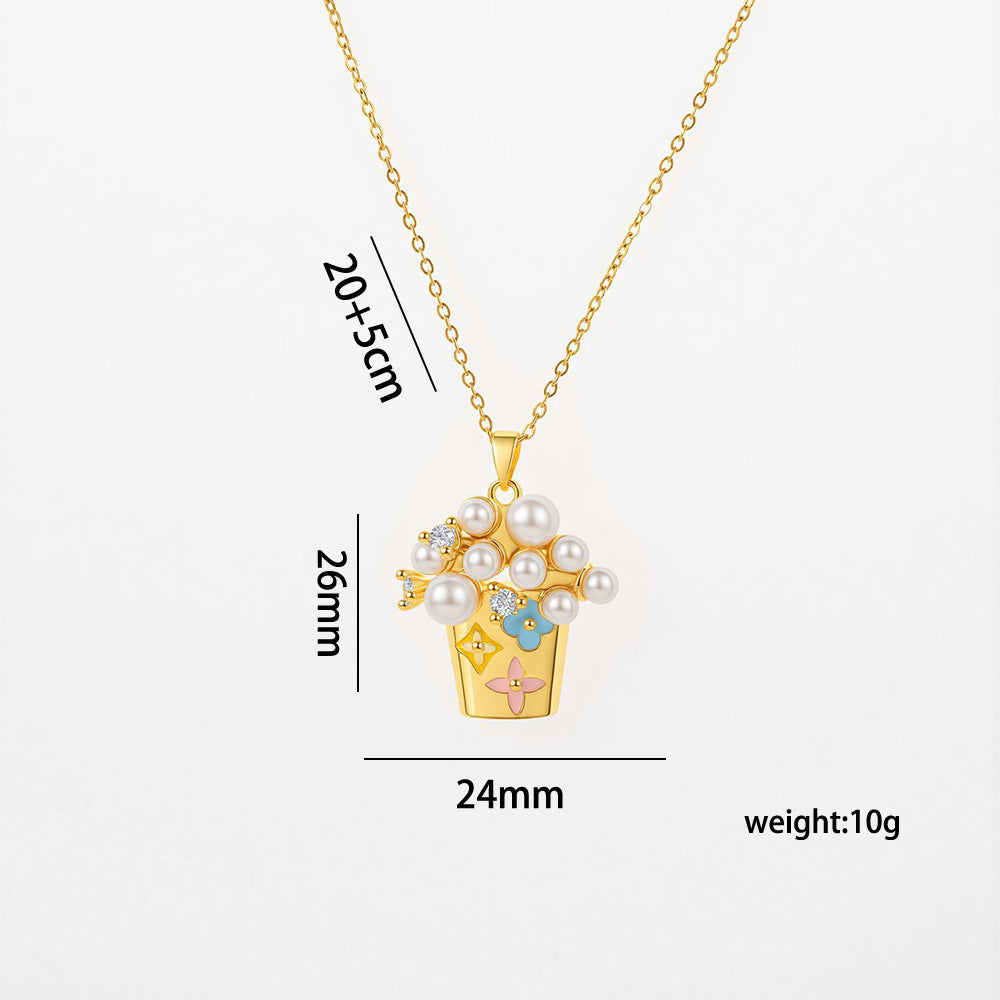 Collana con ciondolo in rame placcato oro 18 carati con smalto e zirconi micro-incastonati, a forma di cuore floreale geometrico, stile lussuoso leggero, con catena a maglie in acciaio al titanio per donna
