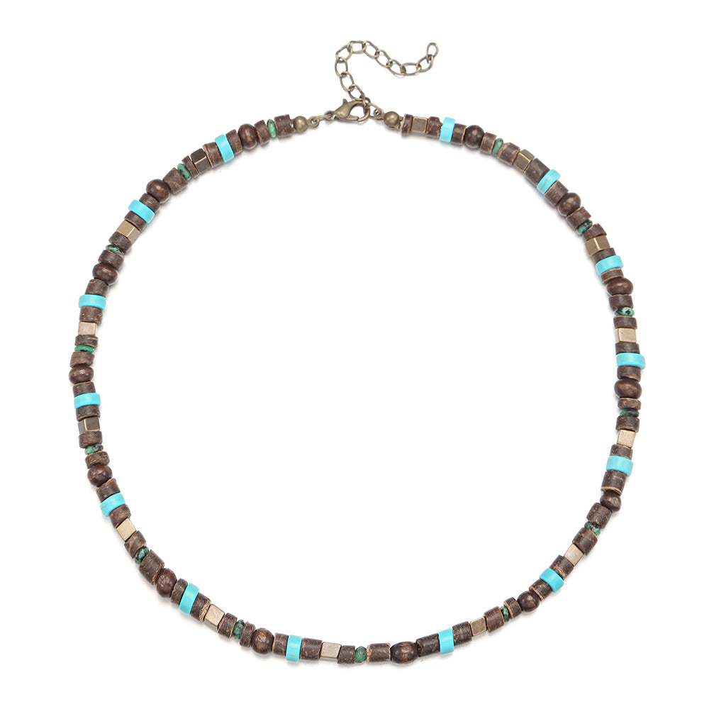Hip-hop Geometric Wood and Turquoise Beaded Necklace for Unisex