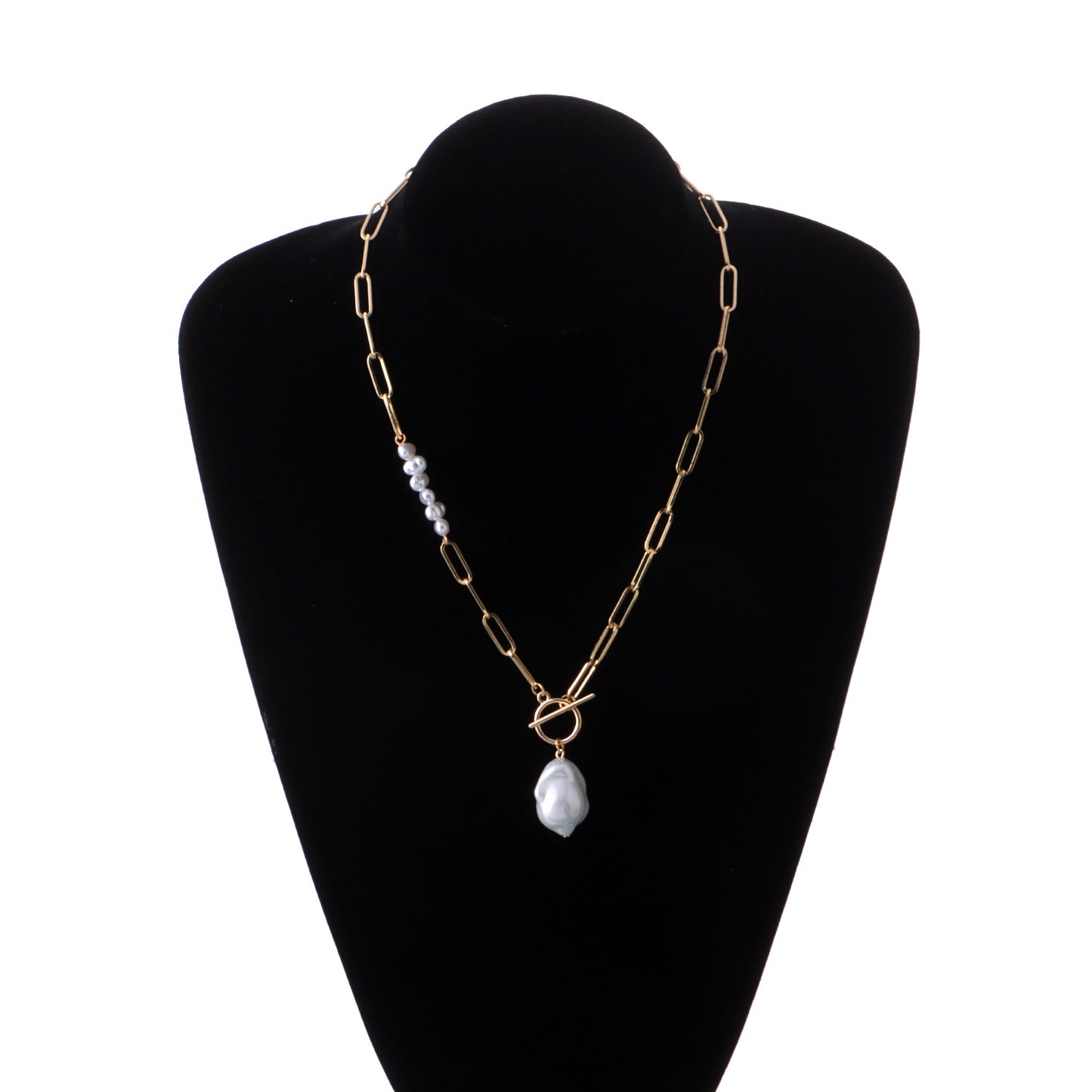 Geometric Circle Asymmetrical Mother of Pearl Pendant Necklace for Women Alloy Curb Chain