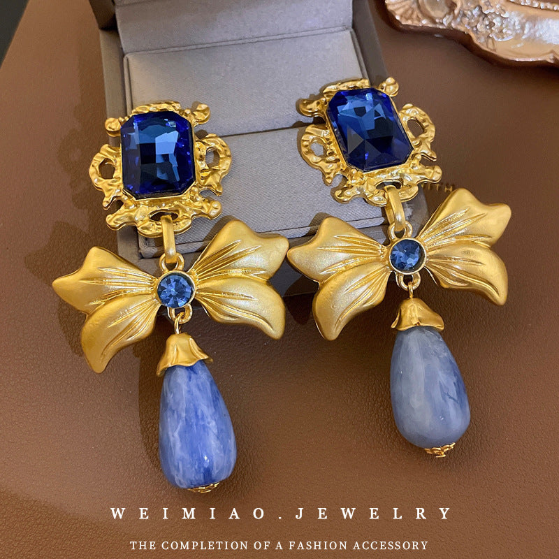 Vintage Bow-Shaped Rhinestone-Set Drop Earrings in Stainless Steel with Metallic Finish for Women