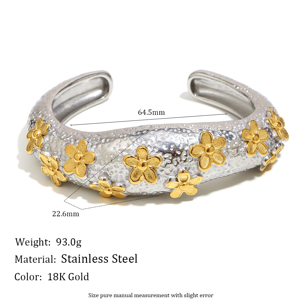 Minimalist Floral Stainless Steel Plated 18K Gold Cuff Bracelet for Women with Delicate Flower Design