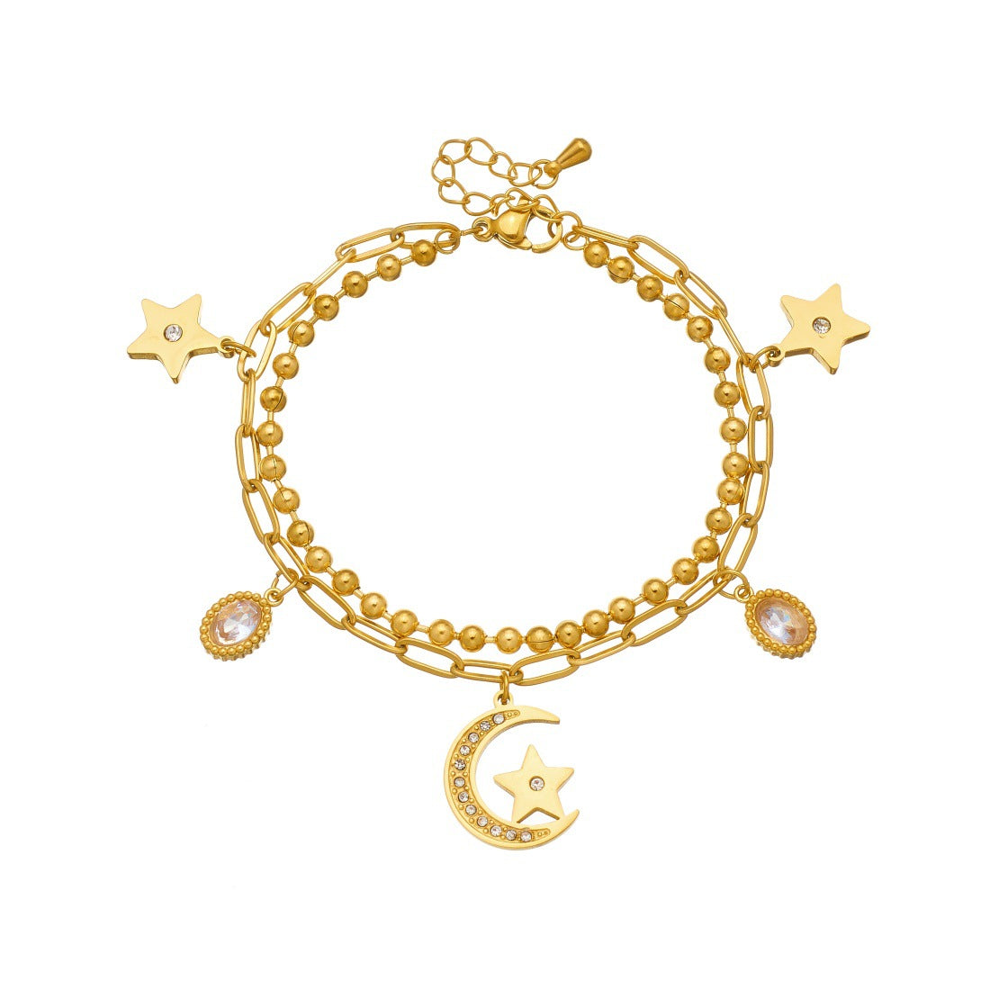 Minimalist Gold Plated Stainless Steel Star Moon Floral Rhinestone Pendant Double Layer Bracelet for Women