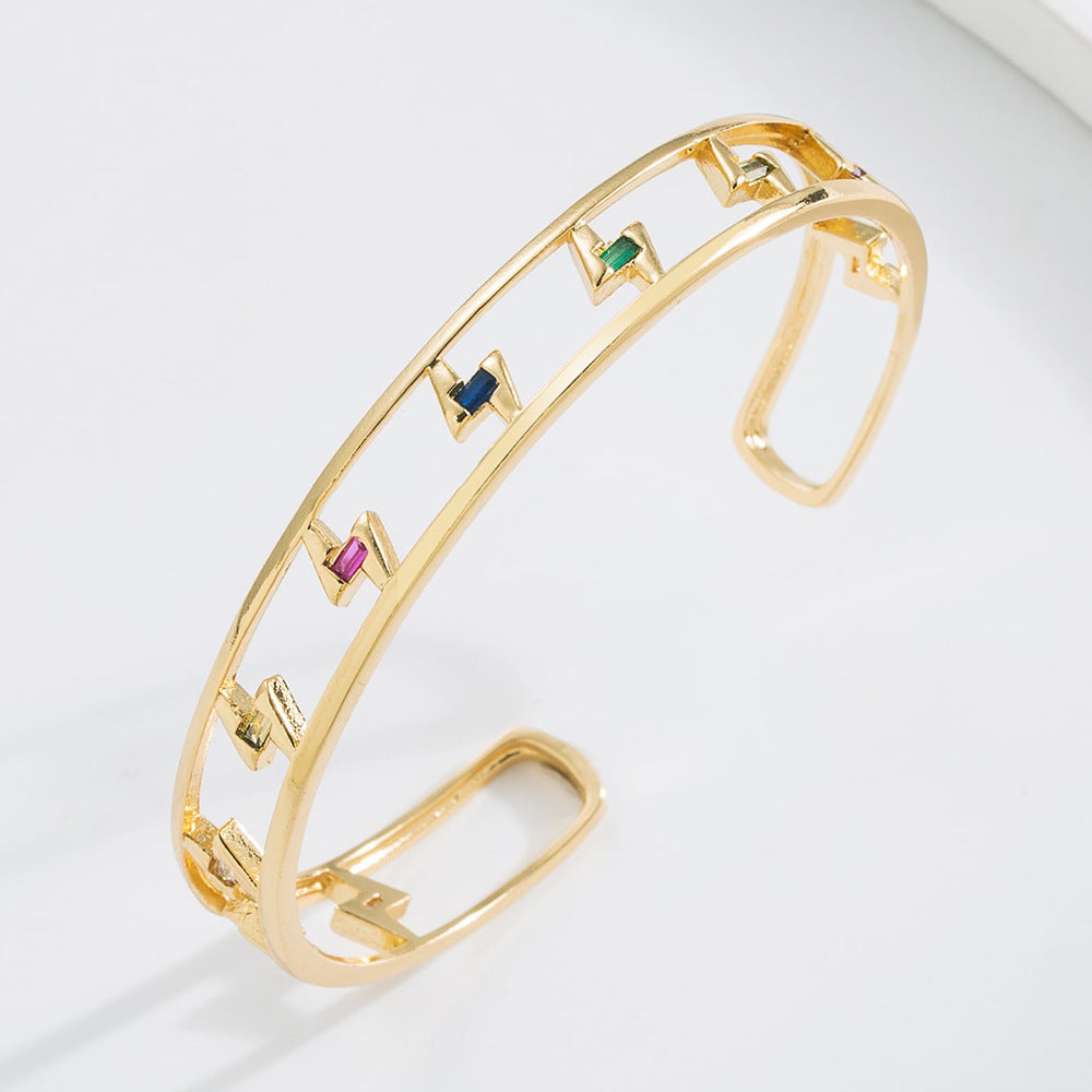 Minimalist Geometric Hollow-Out Cuff Bracelet for Women with Copper Base Plated in 18K Gold and Micro-Paved Zirconia