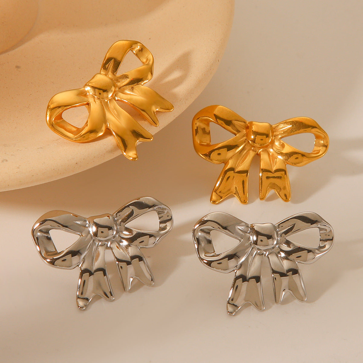 Minimalist Bow-Shaped Titanium Steel Earrings with 18K Gold Plating for Women