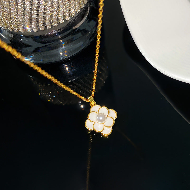 Sweet Elegant Camellia Flower Brass Plated Necklace and Earring Set with Cable Chain for Women