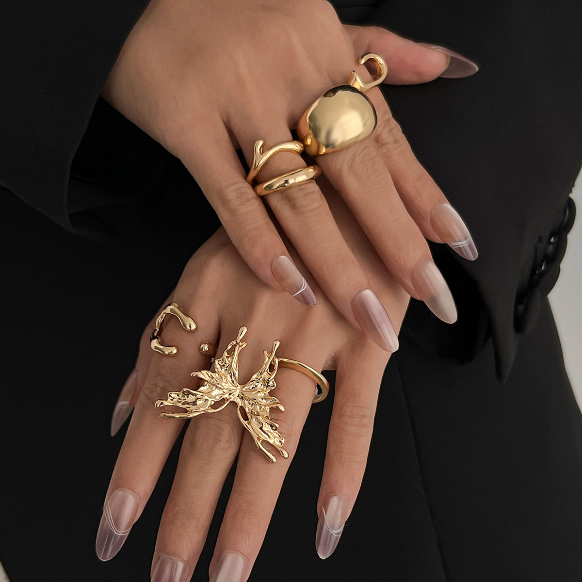 Minimalist Geometric Butterfly Plated Zinc Alloy Ring Set for Women