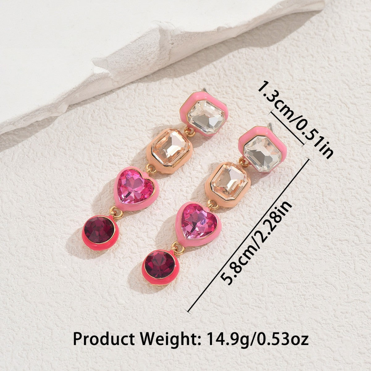 Pendientes minimalistas con forma de corazón de esmalte y circonitas de aleación de zinc con postes de acero inoxidable para mujer