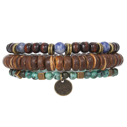 Bohemian Geometric Wood Bead and Turquoise Stretch Bracelet for Men and Women