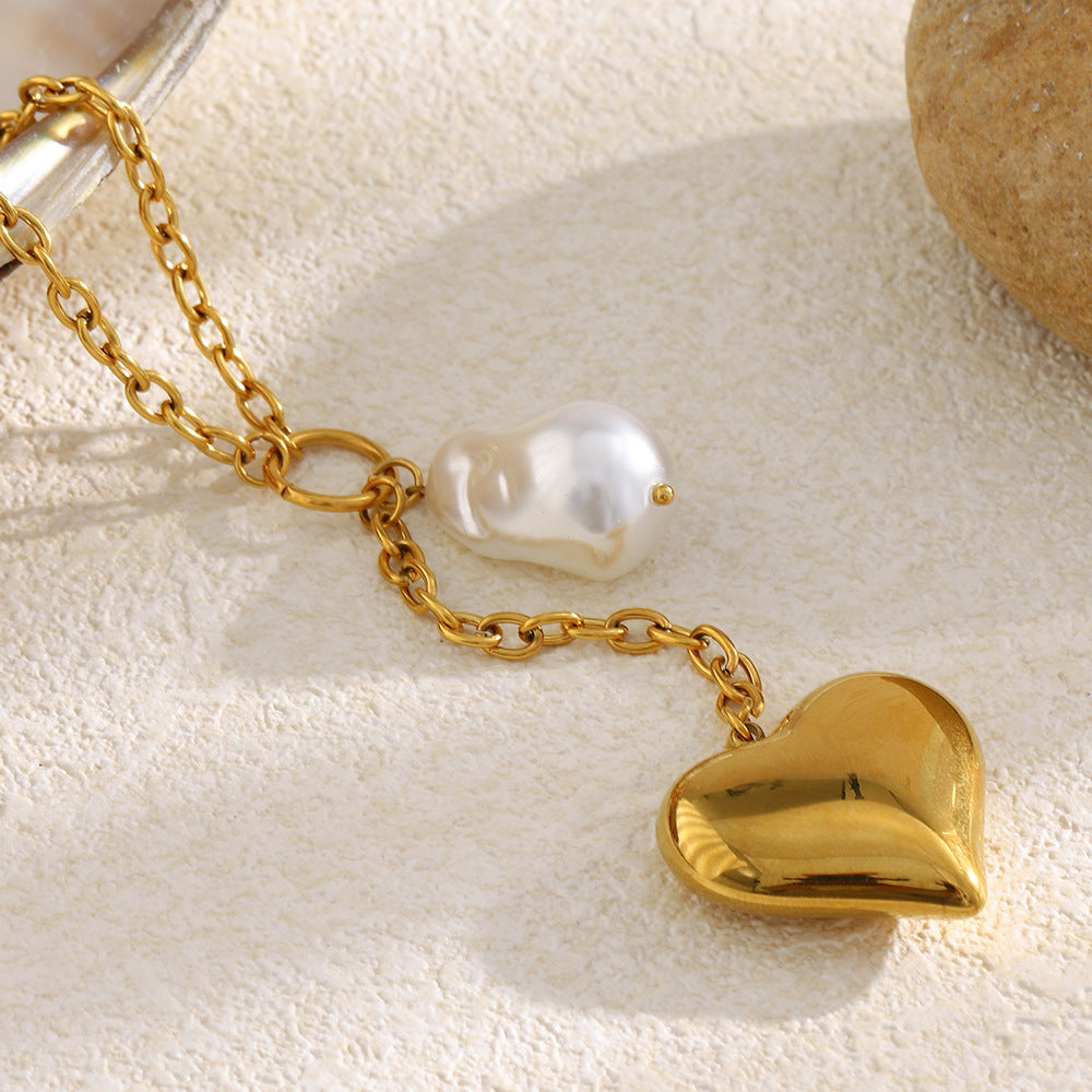 Minimalist Luxe Stainless Steel Pendant Necklace with 18K Gold Plated Heart Charm and Tassel Detail for Women
