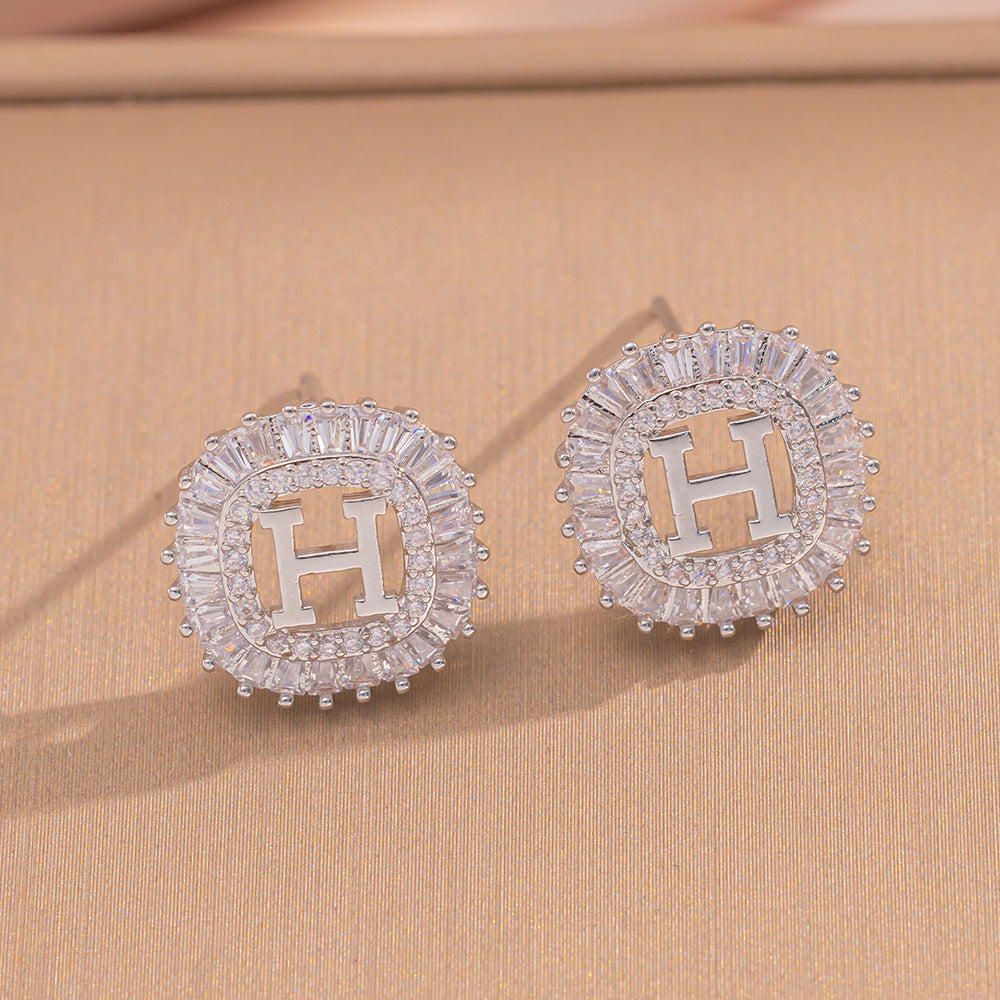 Minimalist Modern Letter H Stud Earrings in Copper with 18K Gold Plating and Zircon Inlay for Women