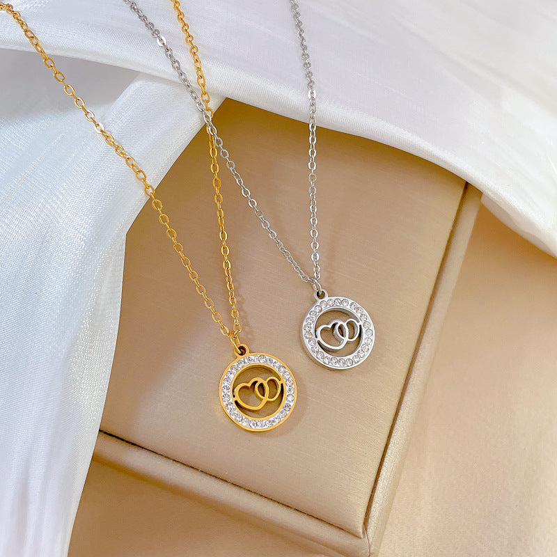 Minimalist Double Ring Heart-Shaped Titanium Steel Necklace with Gold Plating for Women and Men
