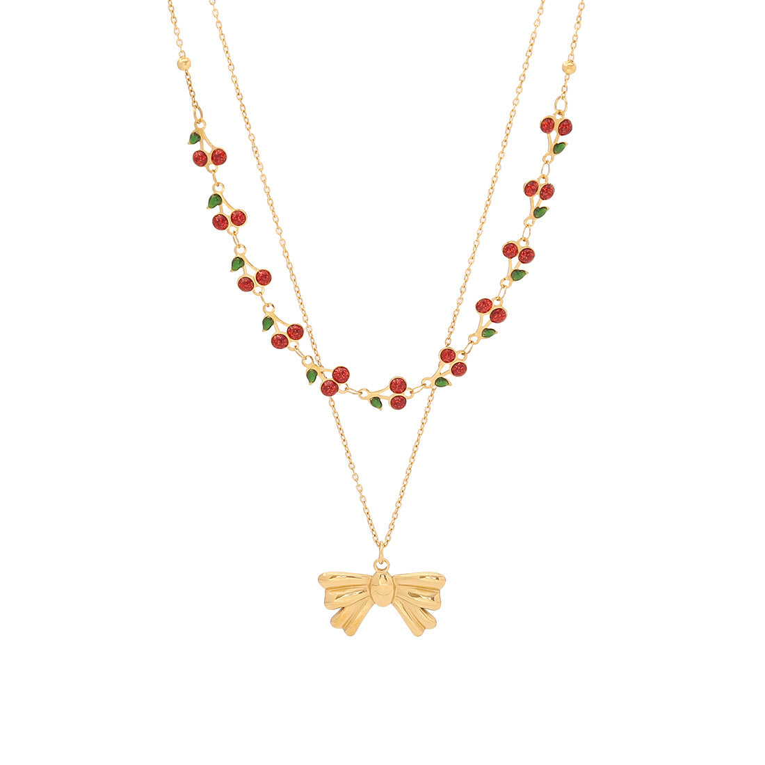 Cherry-Shaped Pendant Necklace in Stainless Steel with Plated Finish, Fashionable Double-Layer O-Chain for Women